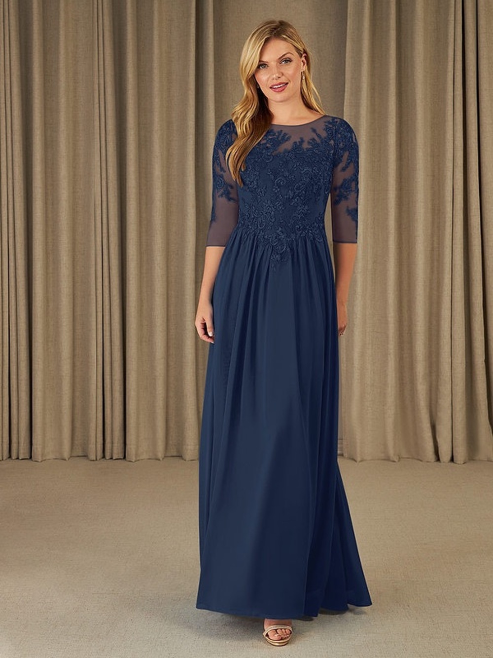 NWT Azazie Mirielle Dark Navy A-Line Scoop Lace Chiffon